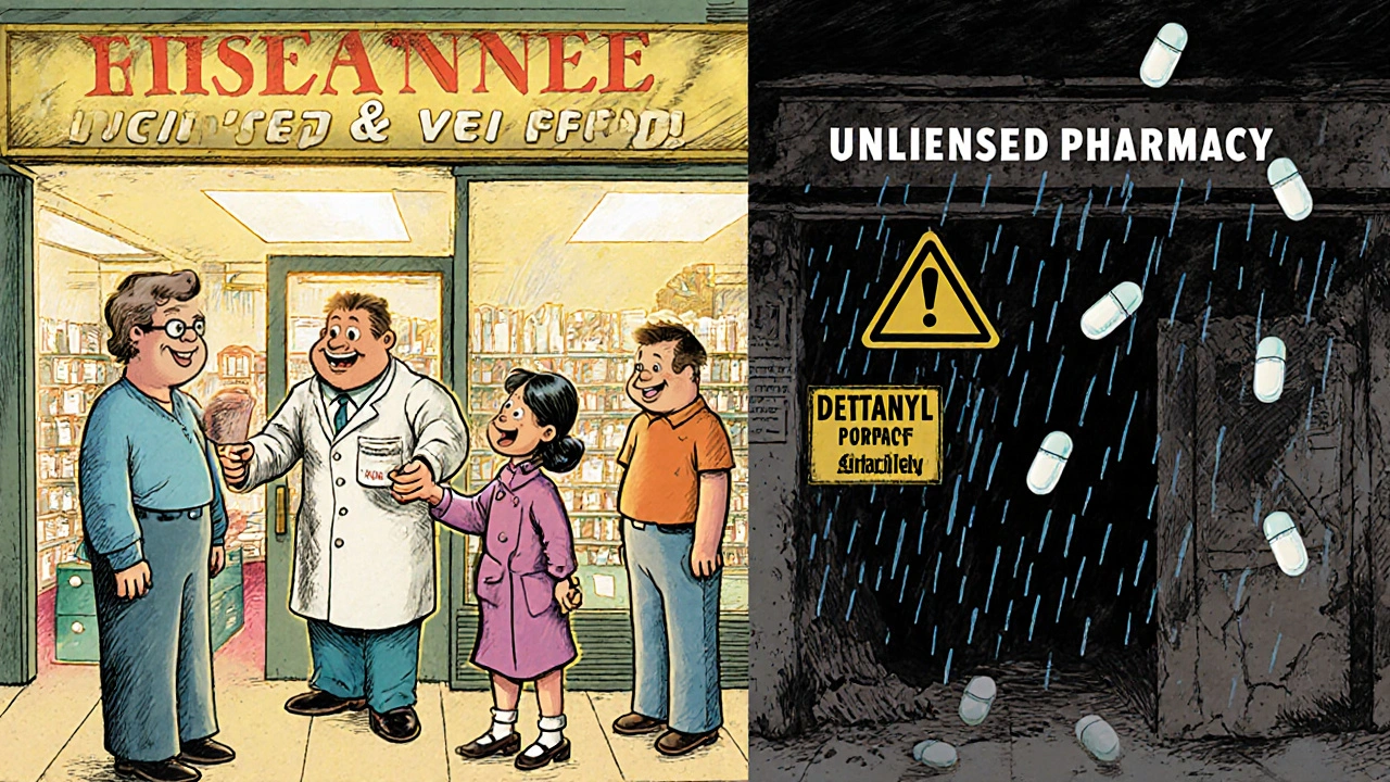 Family receiving medicine from a licensed pharmacist, while a crumbling unlicensed pharmacy collapses in the background.