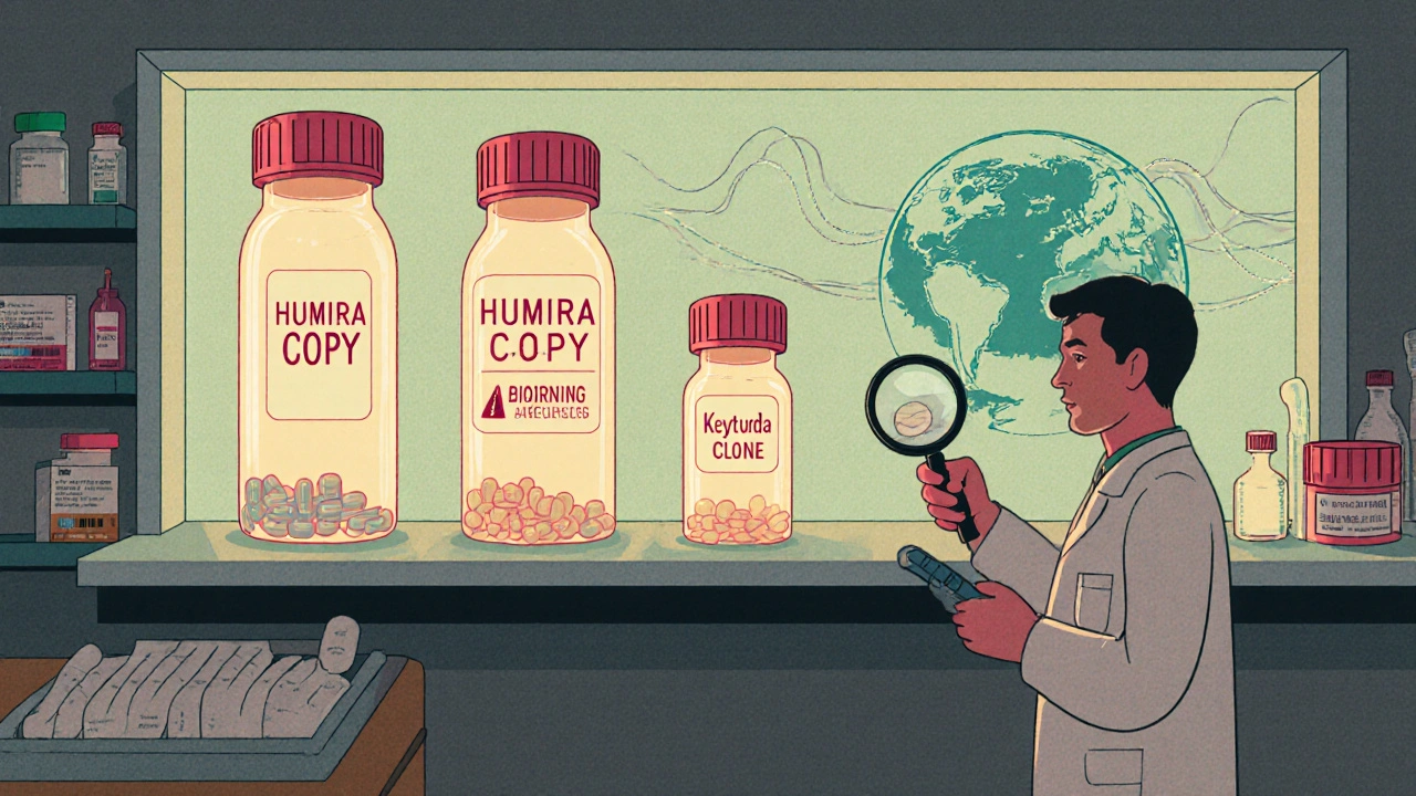Futuristic pharmacy shelf with biosimilars towering over small pills in vintage cartoon style