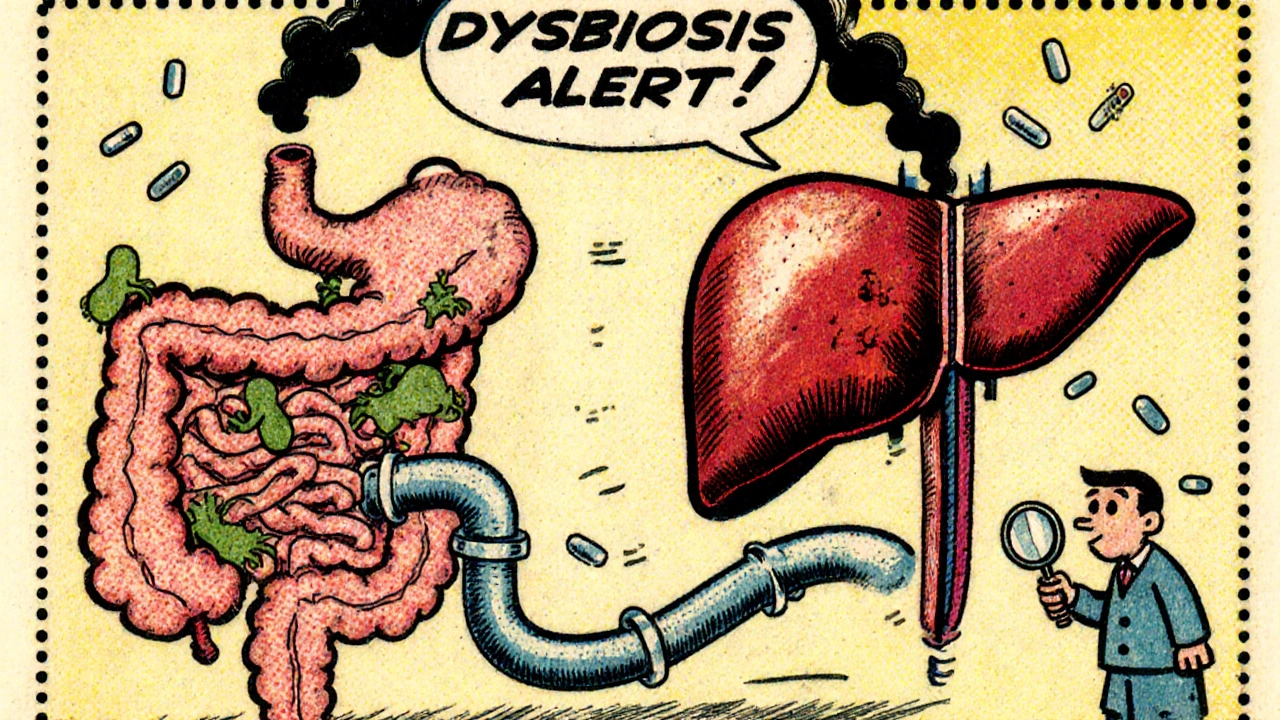 Gut and liver connected by smoke pipes from bad bacteria, with opioid pills falling as a doctor sounds alarm.