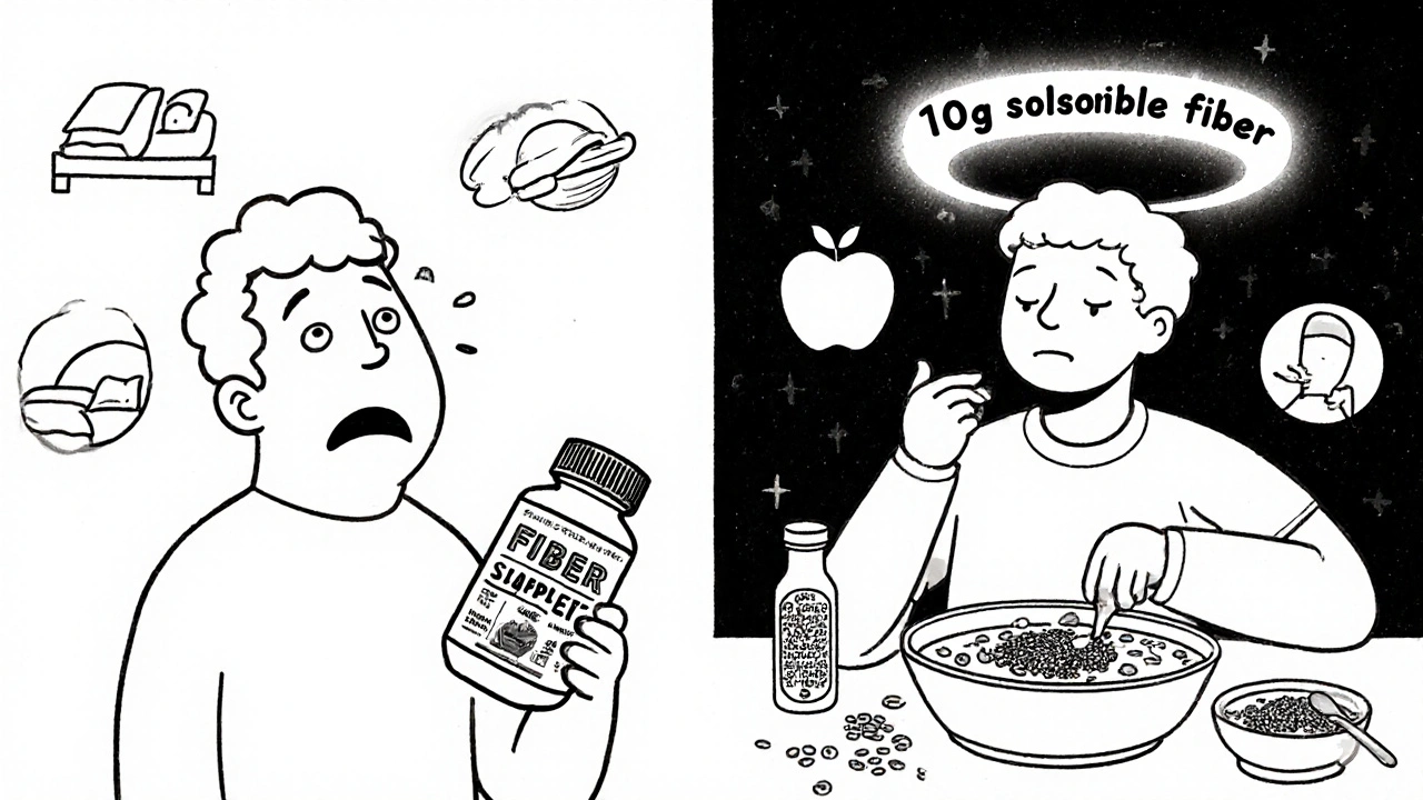 Left: bloated person with supplement bottle. Right: happy person eating whole foods with fiber halo.