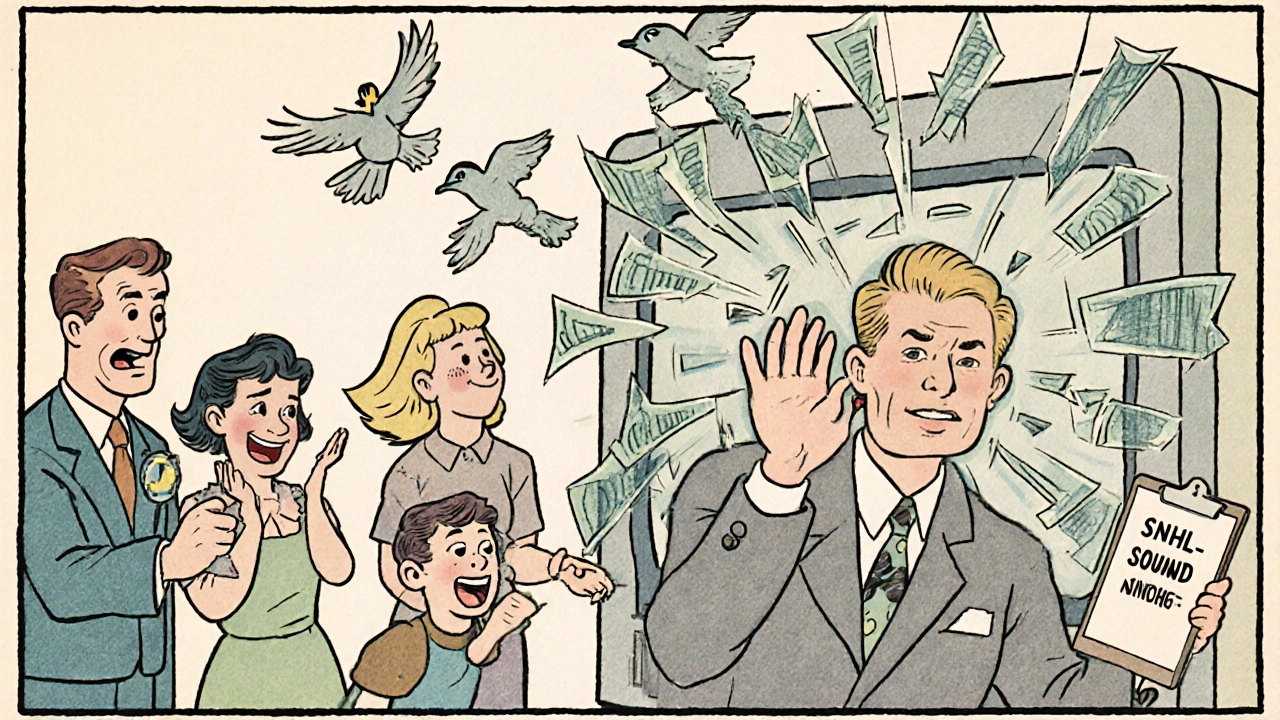 Man turning up TV volume as sound waves crumble in his ear, family frustrated around him.