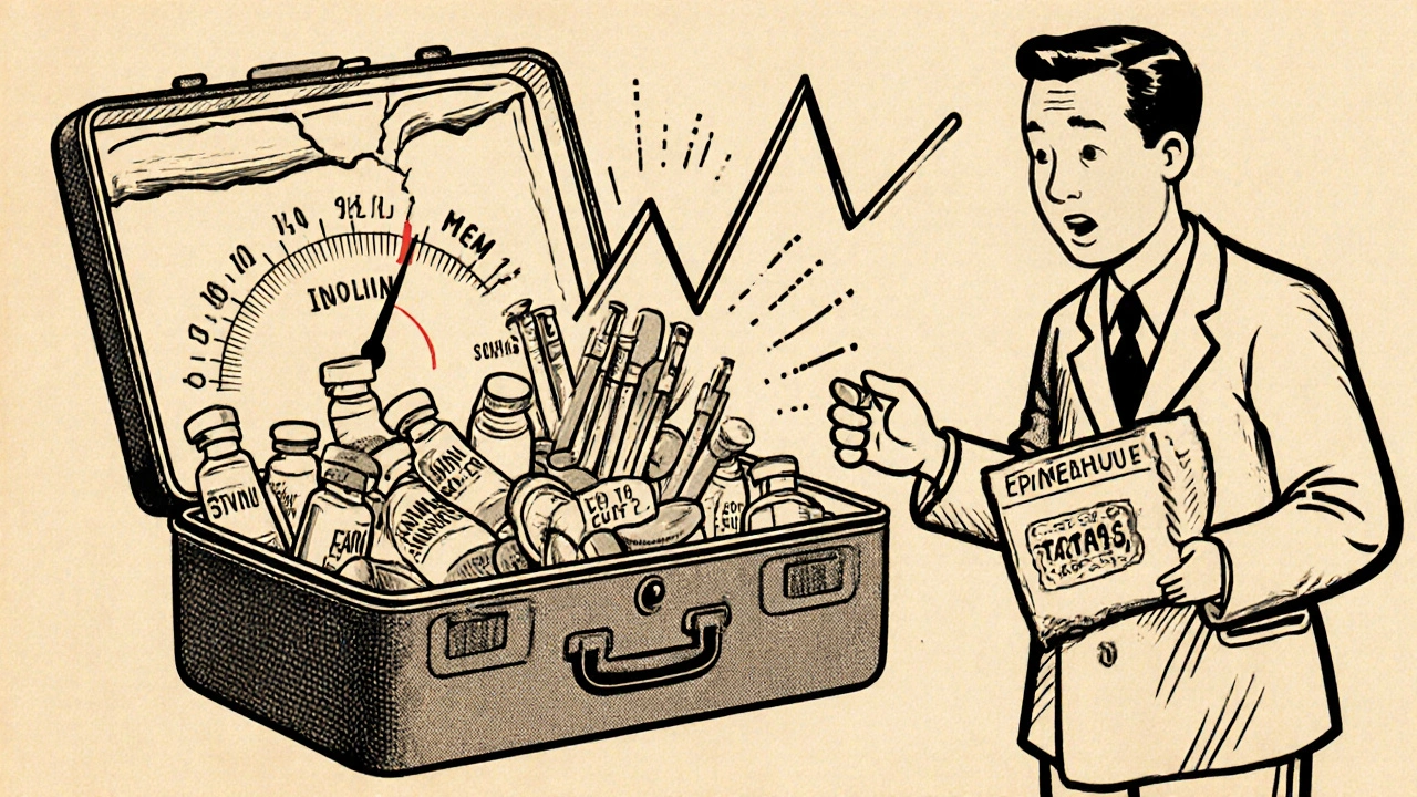 Medications spilling from suitcase as temperature gauge turns red, pharmacist offering insulated travel pouch.