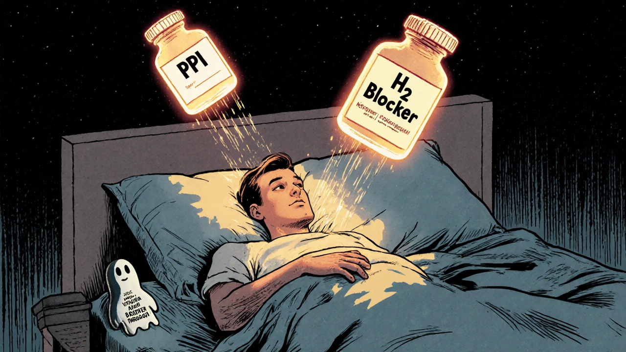 Nighttime cartoon of a patient with heartburn, PPI and H2 blocker bottles glowing above, acid breakthrough ghost peeking.