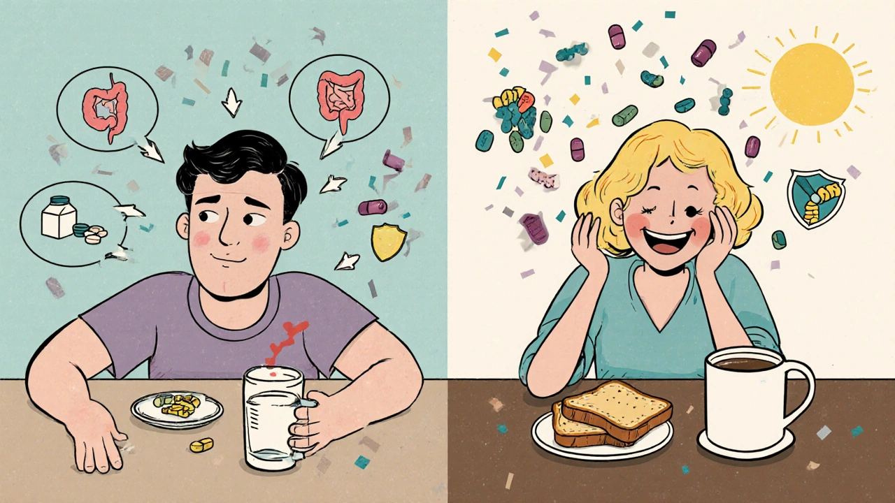 Patient struggling with multiple tetracycline doses versus easy doxycycline use, with humorous side effect and benefit visuals in vintage cartoon style.