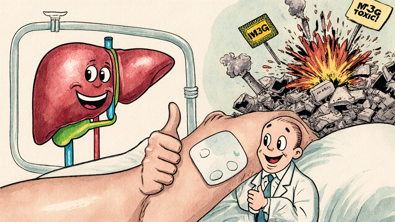 Patient with fentanyl patch and healthy liver pathway, while a crumbling morphine factory explodes in background.