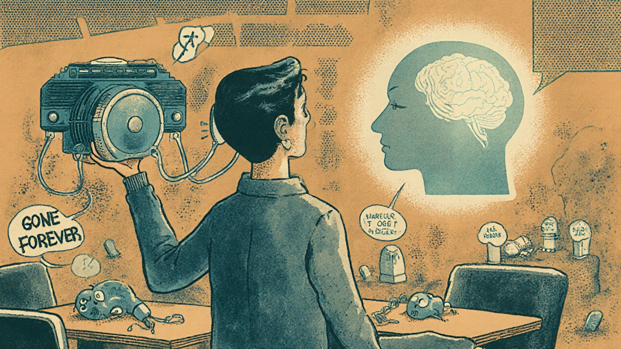 Person with hearing aid in noisy restaurant, fragmented speech bubbles, cochlear implant glowing nearby.