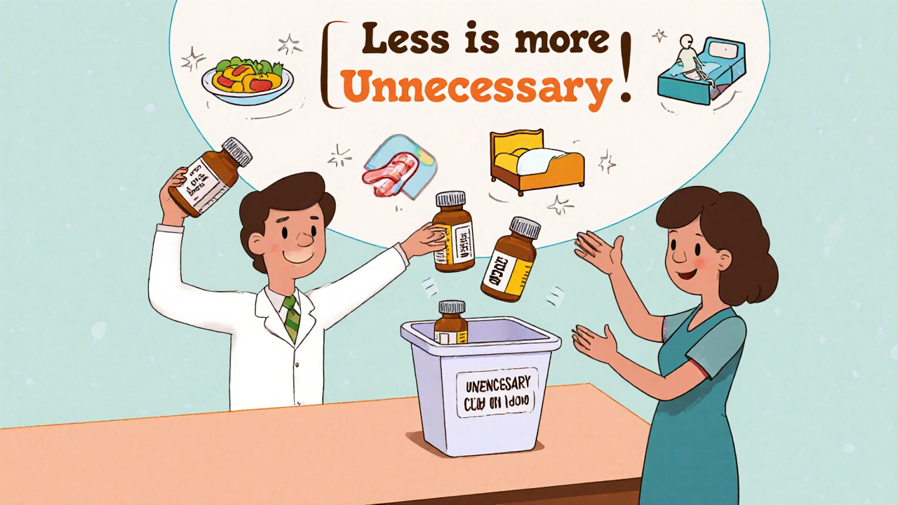 Pharmacist tossing unnecessary acid meds into trash while patient receives just one bottle, healthy lifestyle icons in background.