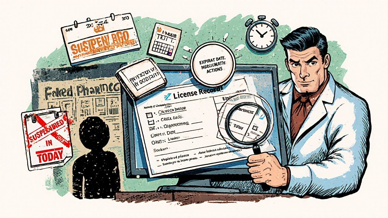 Pharmacist using a magnifying glass to verify a license, with status icons and a suspended practitioner in the background.
