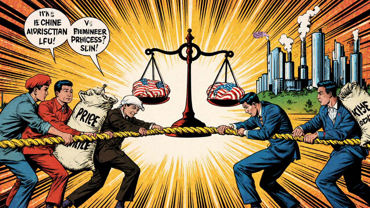 Retro cartoon tug-of-war between global API producers and local factory builders