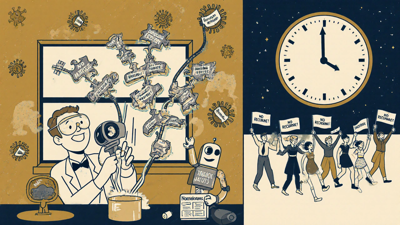 Scientists building a personalized vaccine robot from tumor DNA puzzle pieces, with immune cells celebrating in a whimsical lab.