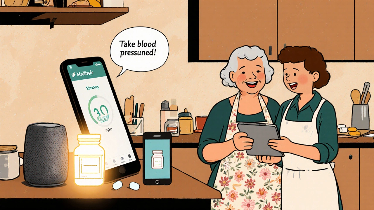 Senior woman and grandchild scanning a prescription on a tablet in a cozy kitchen with glowing smart pill bottle.