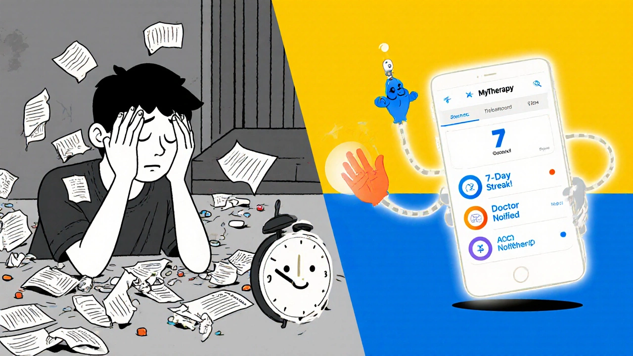 Split scene: chaotic pill mess vs. calm digital health dashboard with badges and friendly AI companion.