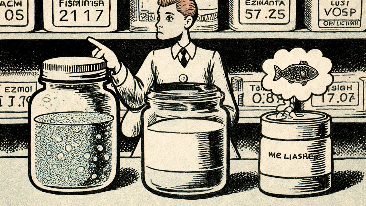 Three medicine containers showing cloudiness, separation, and foul odor, with a pharmacist pointing out the dangers.