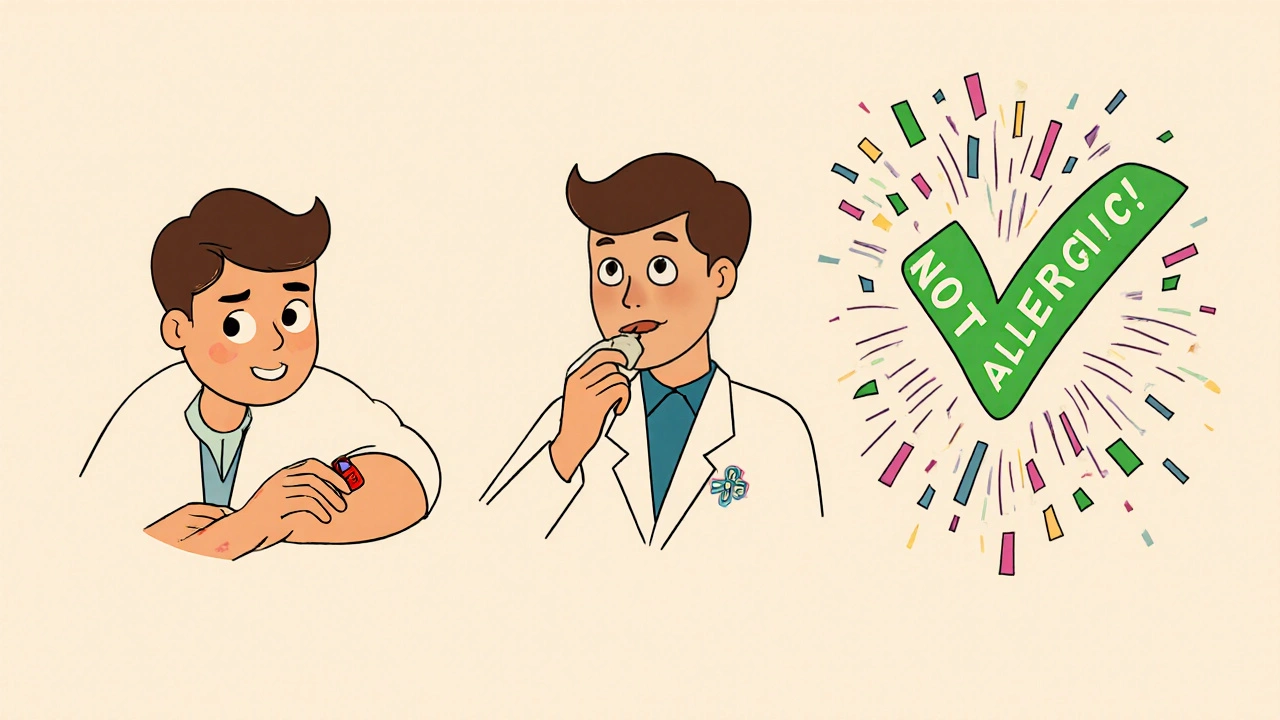 Three-panel cartoon showing penicillin skin test, oral challenge, and green checkmark confirming no allergy