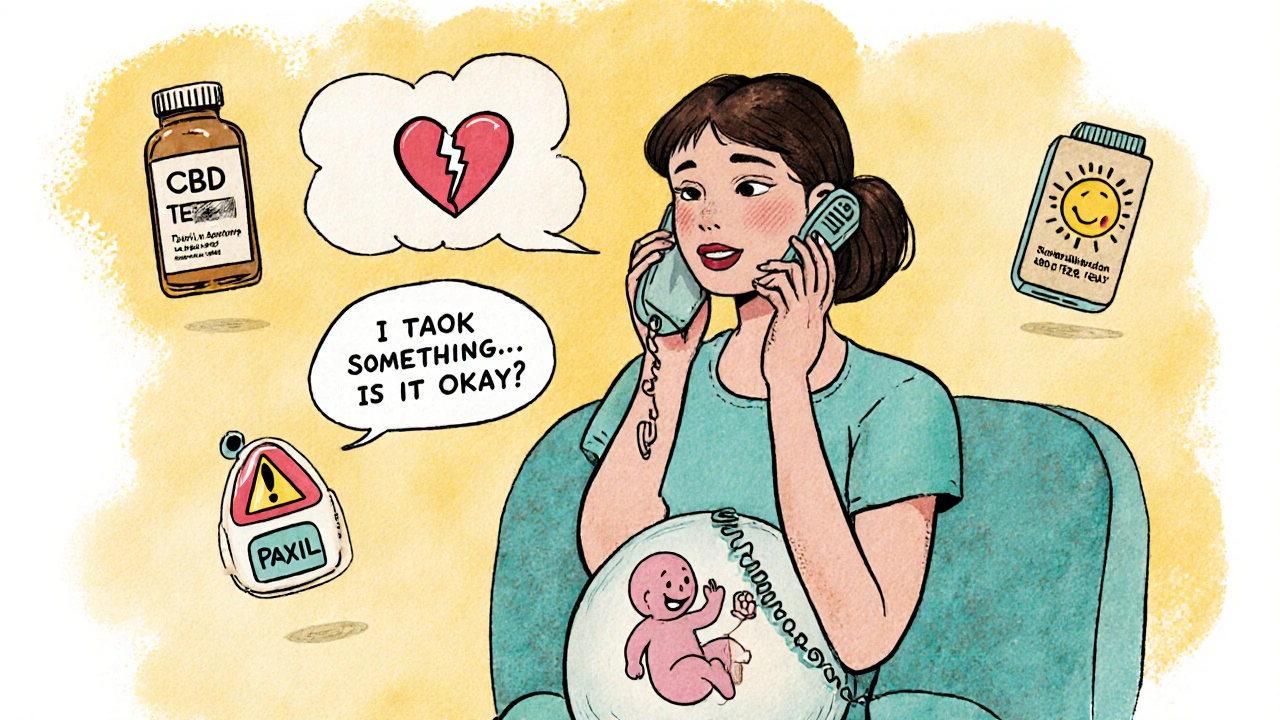 Woman talking to a helpline while floating medication icons show risks and safe choices during pregnancy.