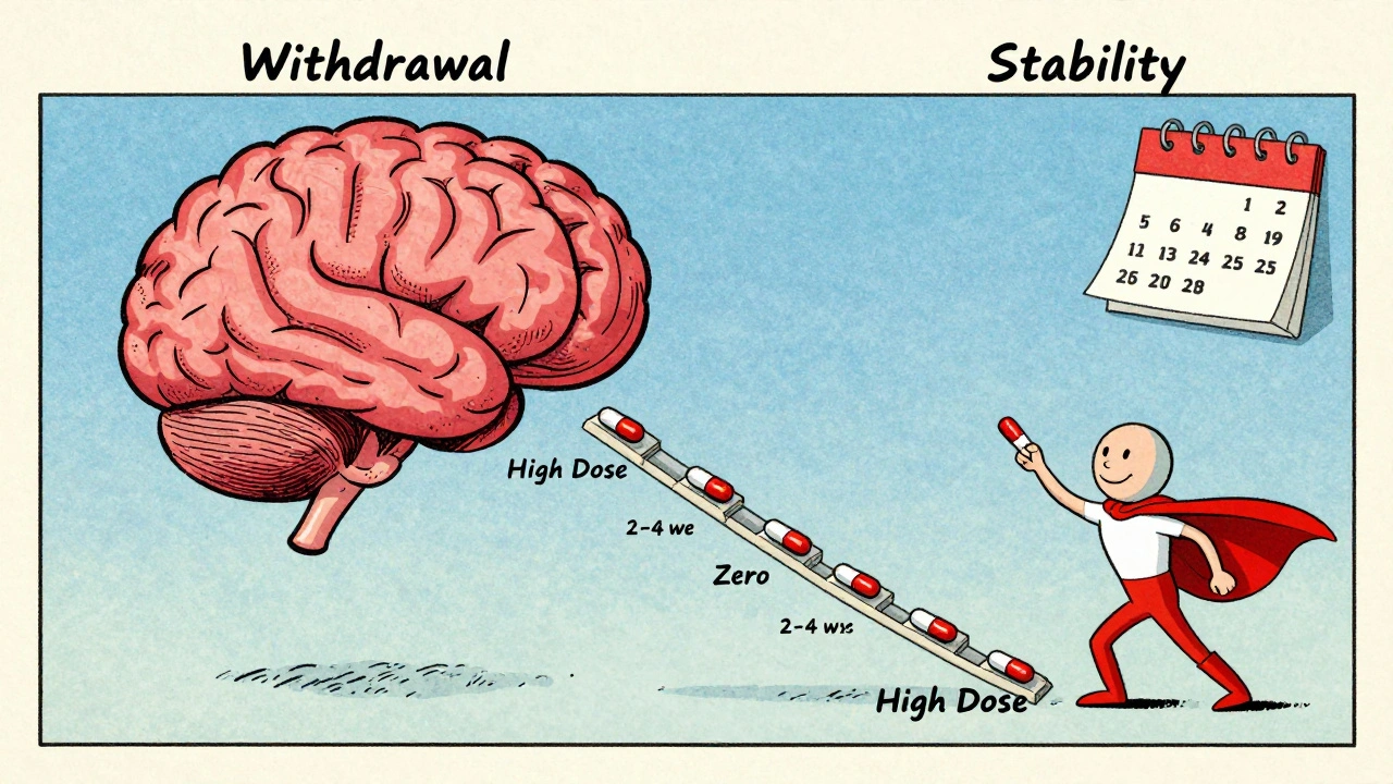 A brain transforming from chaos to calm via a pill dose ladder, with diazepam as the hero in vintage cartoon style.