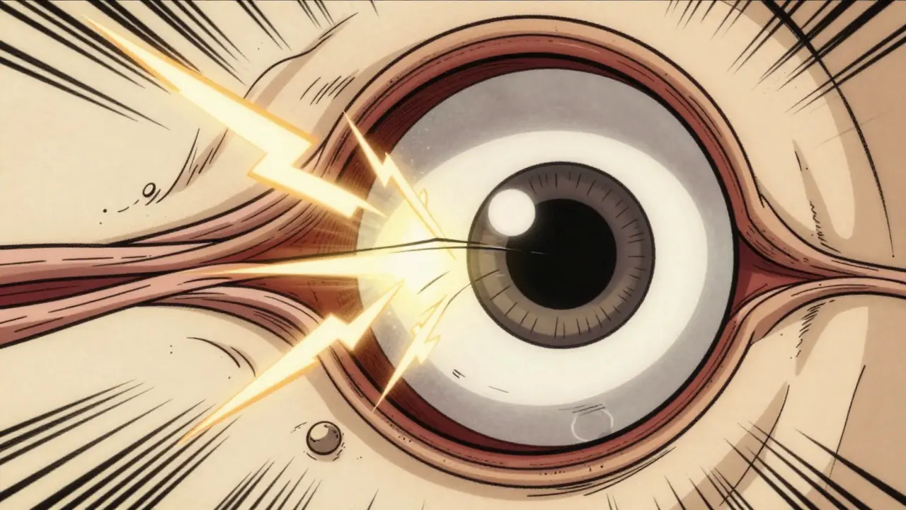 A cartoon cross-section of an eye shows vitreous pulling away from the retina with flashes of light.