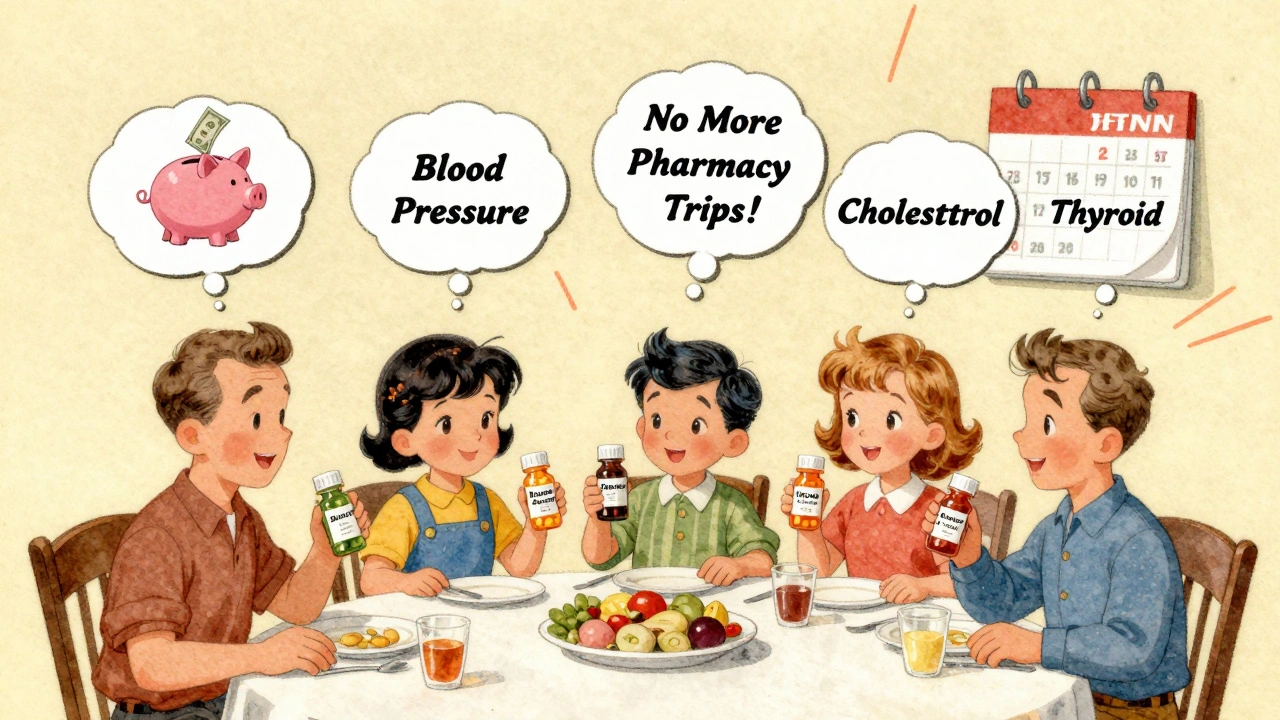 A family at dinner holding 90-day pill bottles, with money flying into a piggy bank above them.