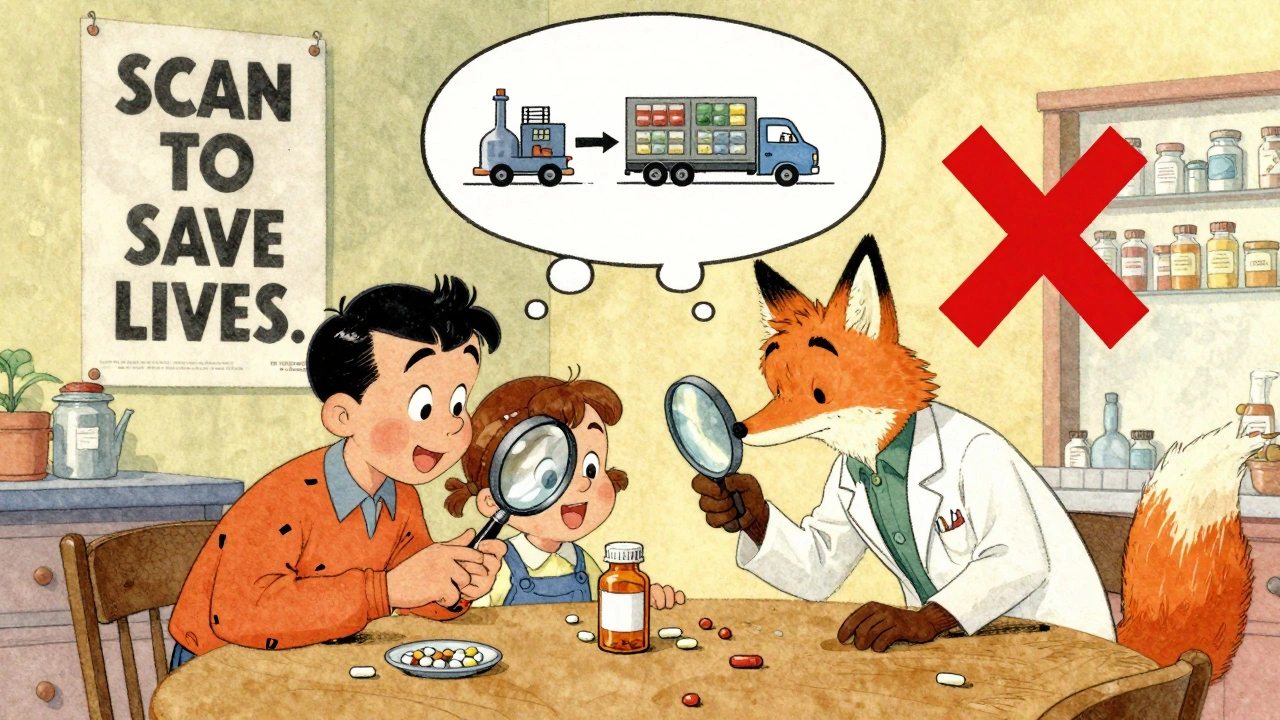 A family checks a pill bottle under a magnifying glass while a sneaky fox tries to slip in a fake, marked with a red X.