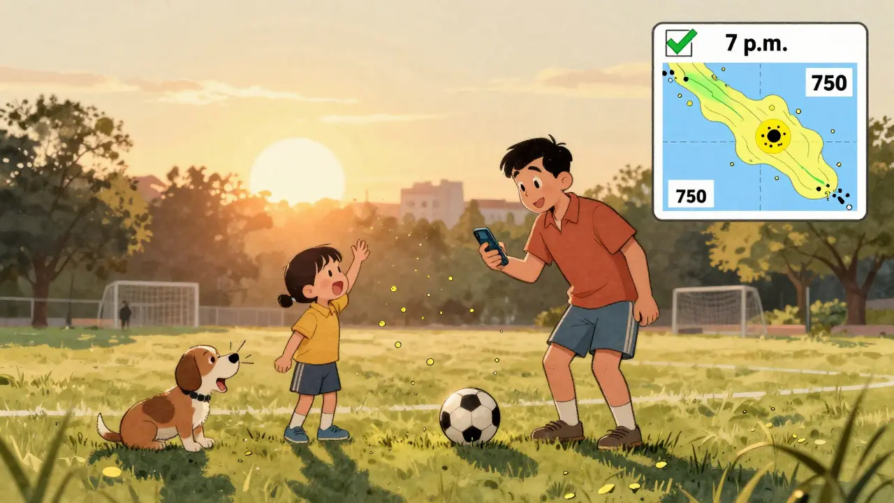 A family plays soccer at sunset with low pollen levels, surrounded by cartoon pollen dots and a weather app showing 7 p.m. as safe.
