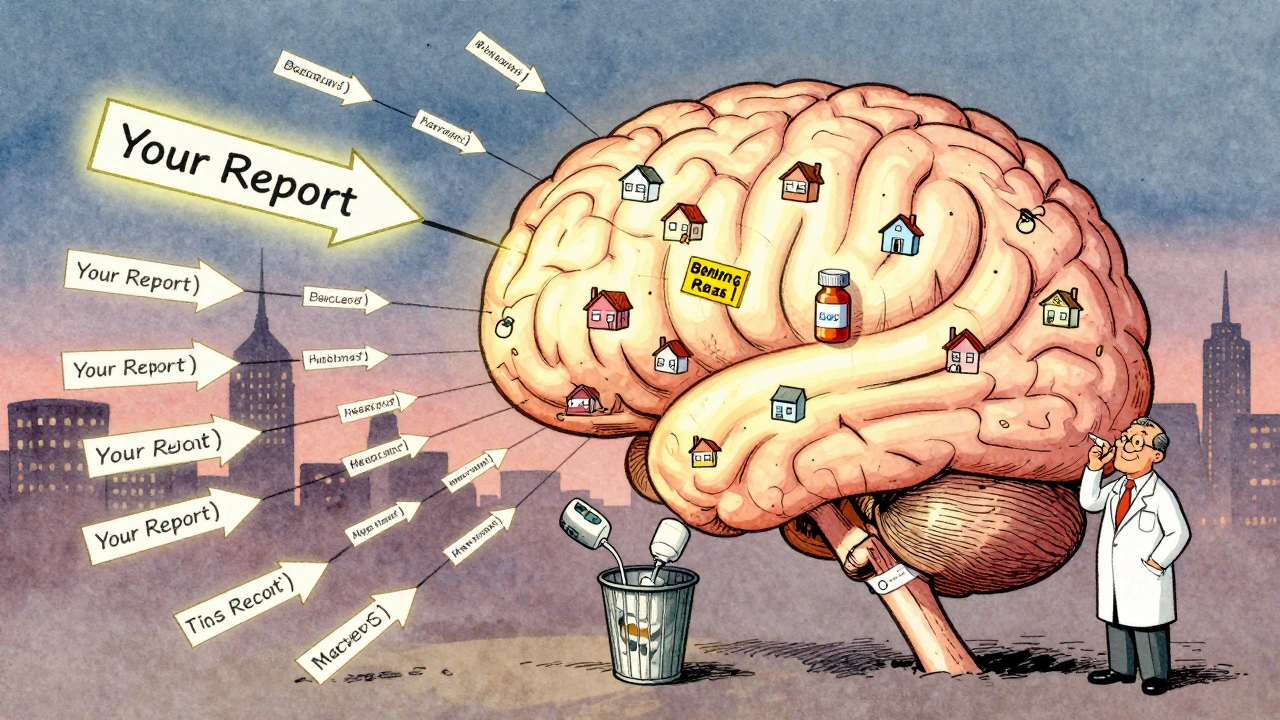 A glowing brain-shaped database receiving reports from across America, triggering safety warnings and recalls in a vintage cartoon style.