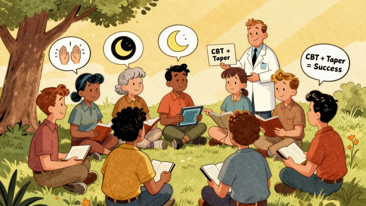 A group of people supporting each other during benzo tapering, with journals and progress symbols in vintage cartoon style.