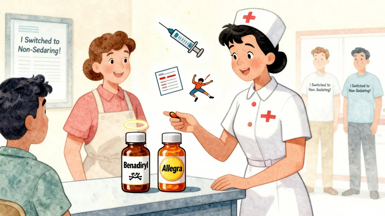 A nurse chooses between sedating and non-sedating allergy meds, with symbolic icons showing risks and safety.