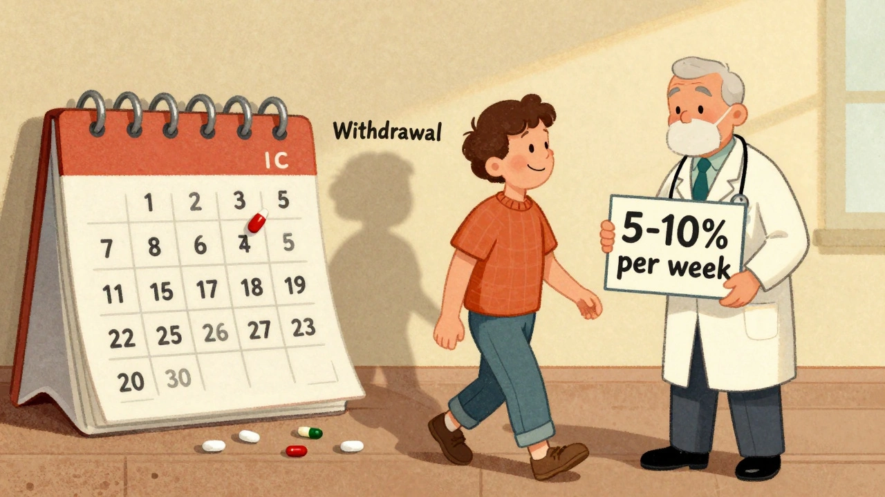 A patient safely tapering off opioids with a supportive doctor, shown in nostalgic medical comic style