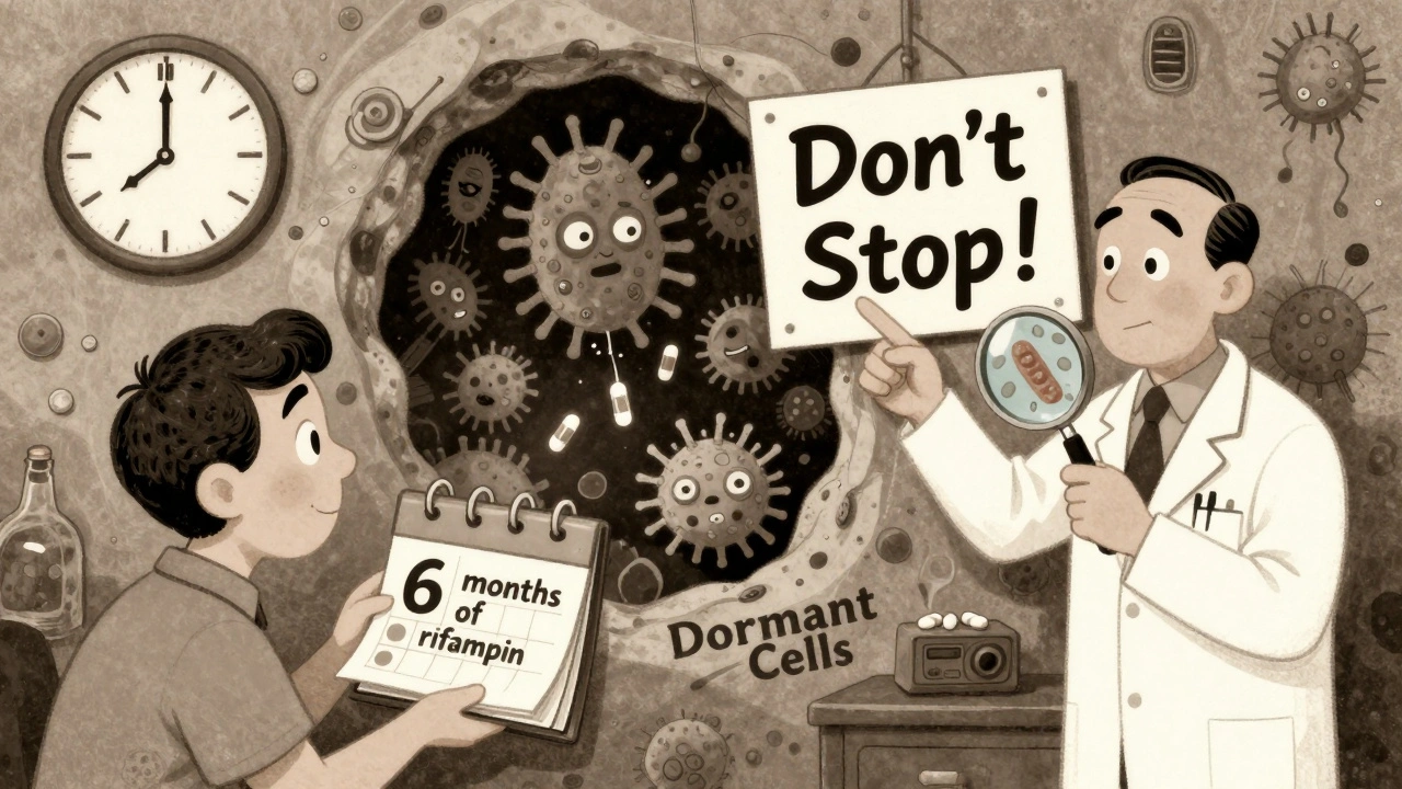 A patient with a 6-month treatment calendar, hiding TB bacteria pumping out rifampin pills.