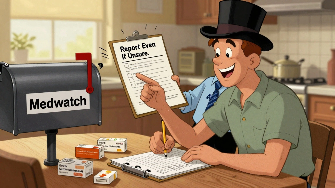 A person filling out a MedWatch form at home with an FDA agent guiding them, surrounded by pill bottles and a mail slot labeled &#039;MedWatch&#039;.