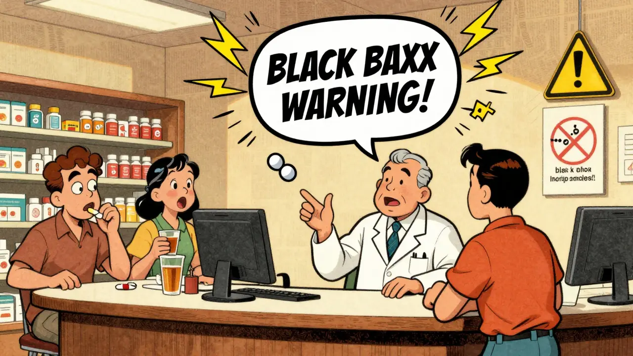 A pharmacist explains a dramatic Black Box Warning to a patient, with warning symbols glowing around them.