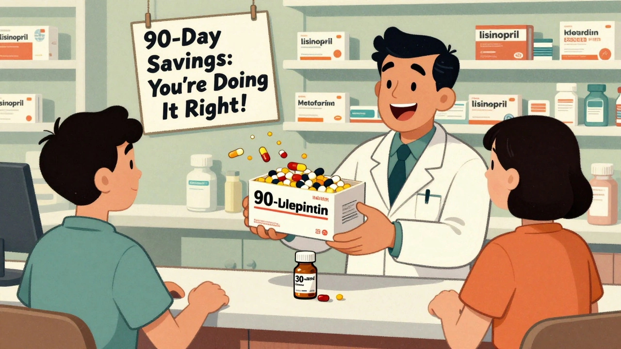 A pharmacist handing a customer a giant 90-day prescription box while a small 30-day bottle rolls away.