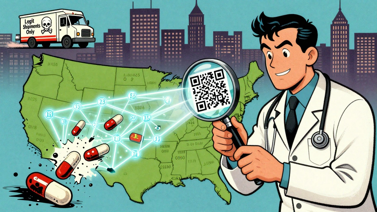 A pharmacist scans a barcode that destroys fake pills with light, revealing a digital chain tracing medicine across the U.S.