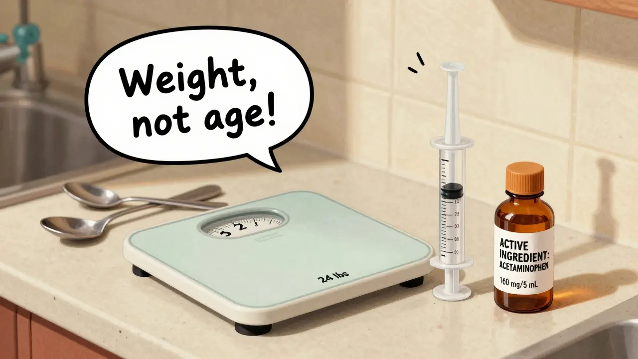 A scale shows a child's weight of 24 lbs beside a precise dosing syringe and medicine bottle with highlighted ingredients in retro cartoon style.