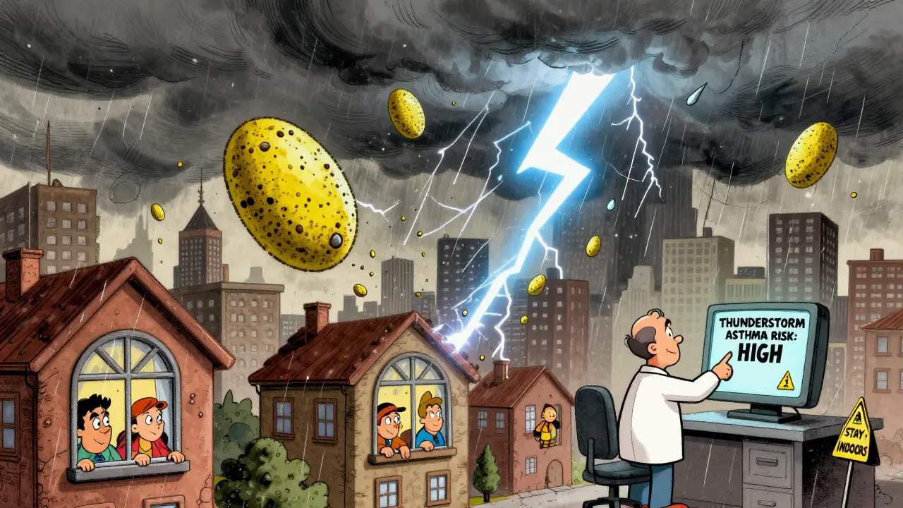 A thunderstorm breaks pollen into tiny particles in the air, with people watching nervously from indoors in vintage cartoon style.