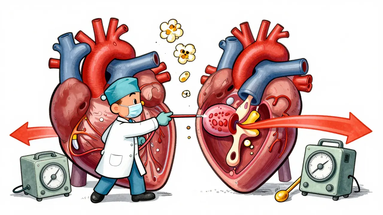 A tiny surgeon inflating a new heart valve with a catheter inside a calcified valve, in vintage cartoon style.