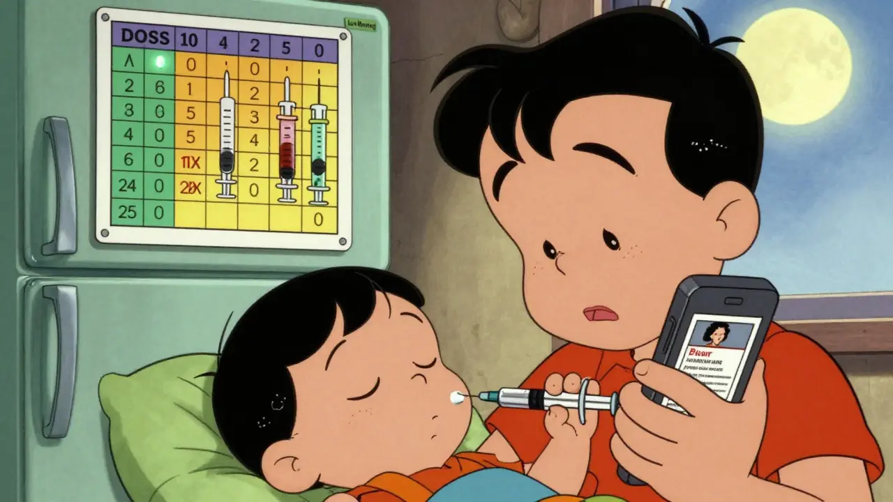 A tired parent gives medicine at night using a marked syringe, with a dosing chart on the fridge in nostalgic cartoon illustration.