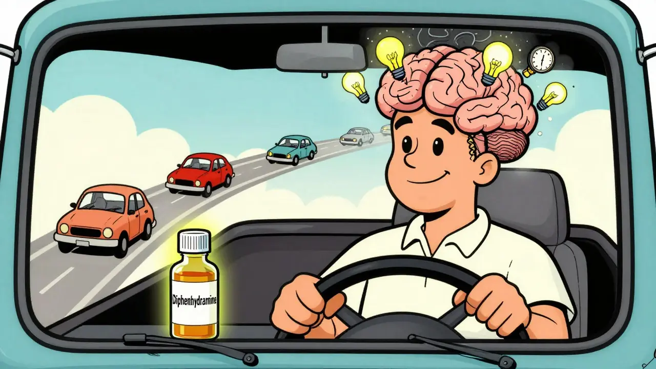 A truck driver smiles while his brain is shown as a foggy maze, with drifting cars outside.