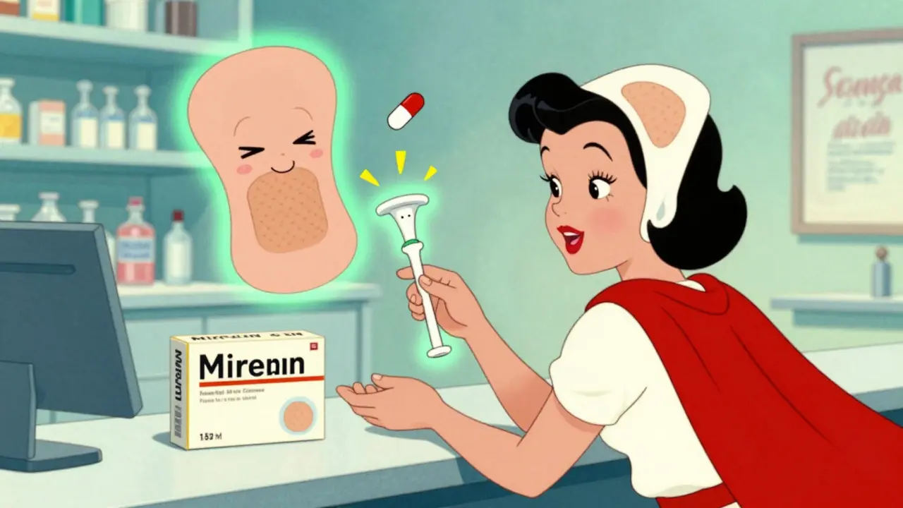 A woman receives a hormone patch and IUD at a pharmacy, with superhero-style hormone delivery systems glowing safely.