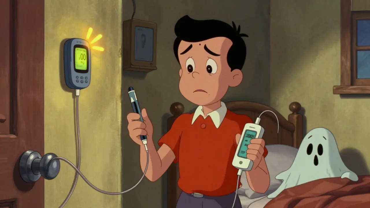 Adult stressed at night with insulin pens and beeping pump, tangled tubing and low blood sugar ghost in bedroom.