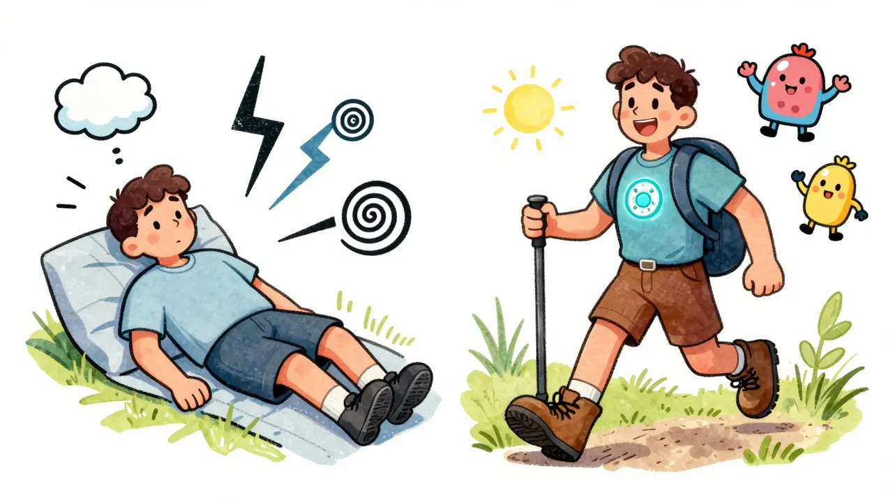 Before-and-after split of a patient: tired and sick vs. hiking happily with a glowing TAVR valve, in vintage cartoon style.