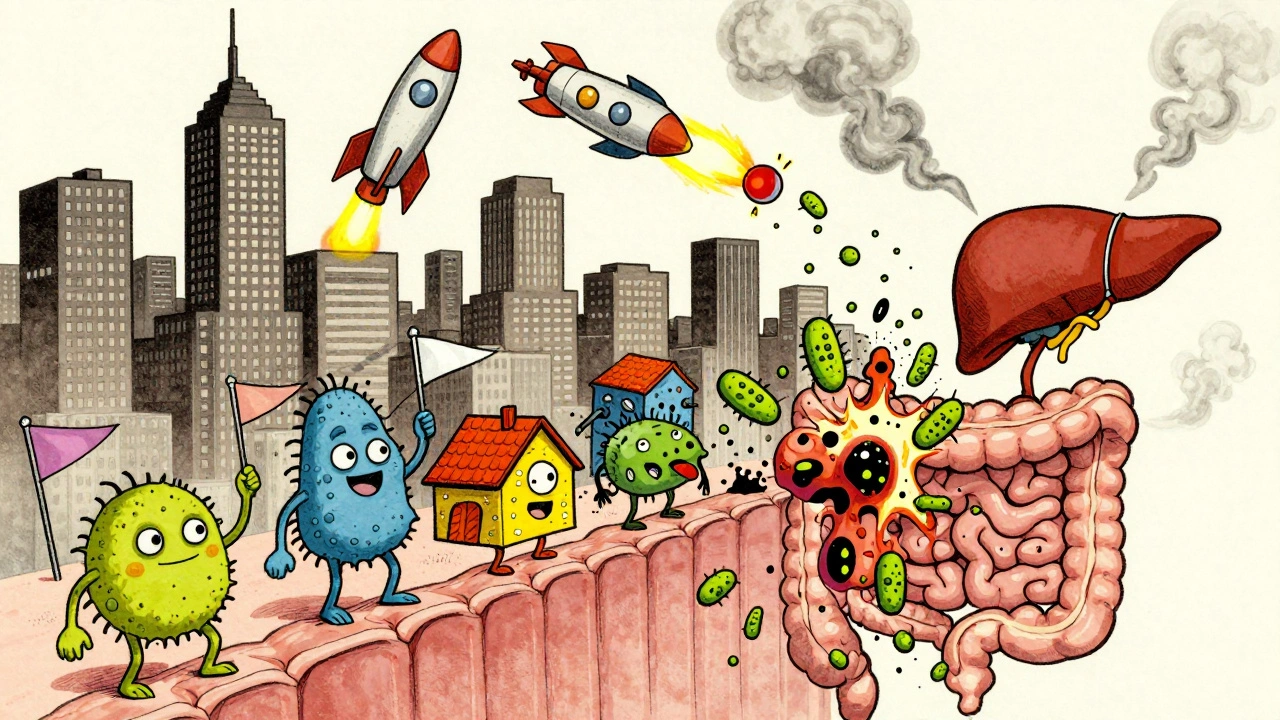 Bustling gut city under attack by antibiotic rockets, toxic bacteria spilling toward liver.