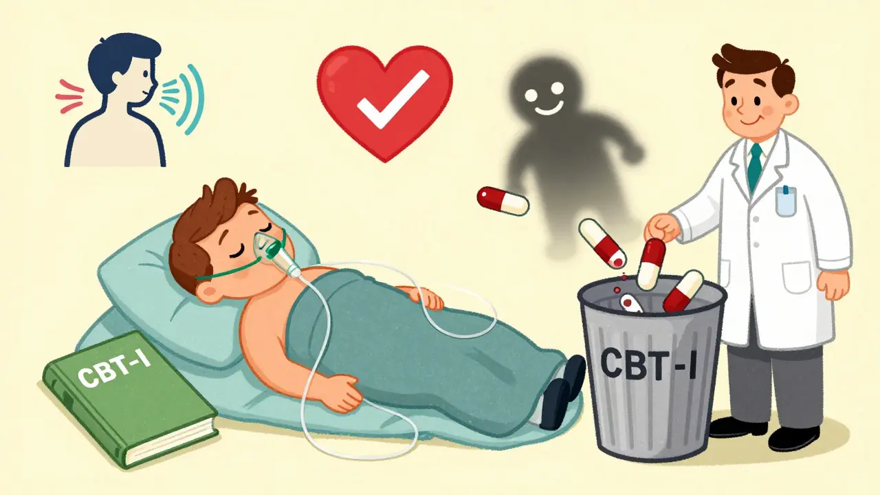 COPD patient sleeping peacefully with safe therapies, while harmful pills are thrown away in vintage cartoon scene.