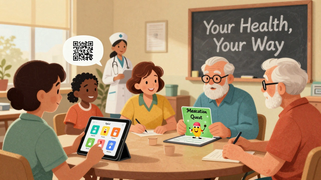 Diverse patients use tablets, QR codes, and a game to learn about health in a community center setting.
