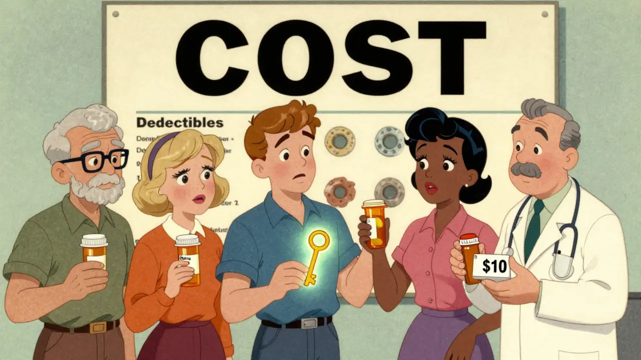 Diverse people using coupons and generics to overcome high prescription costs.