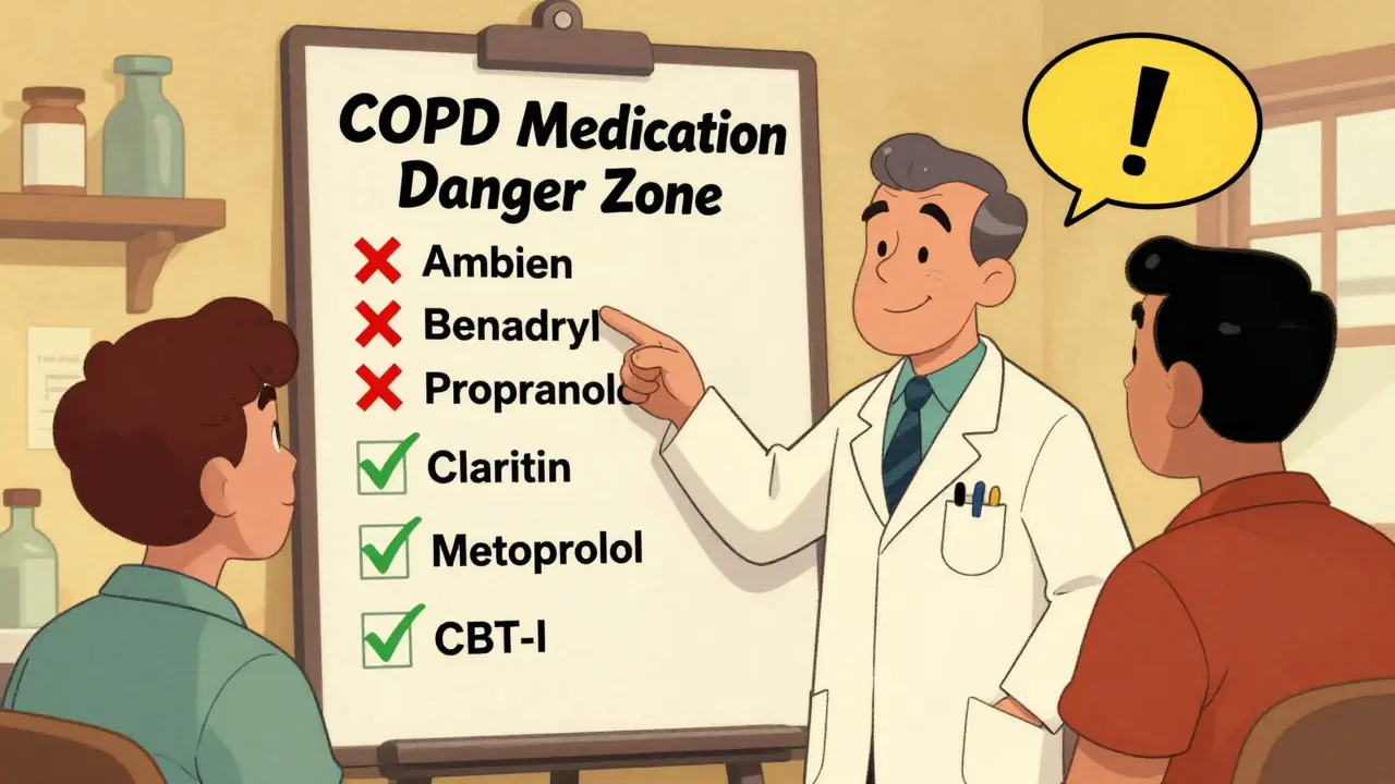 Doctor and pharmacist reviewing a medication checklist with warning Xs and safe alternatives in cartoon style.