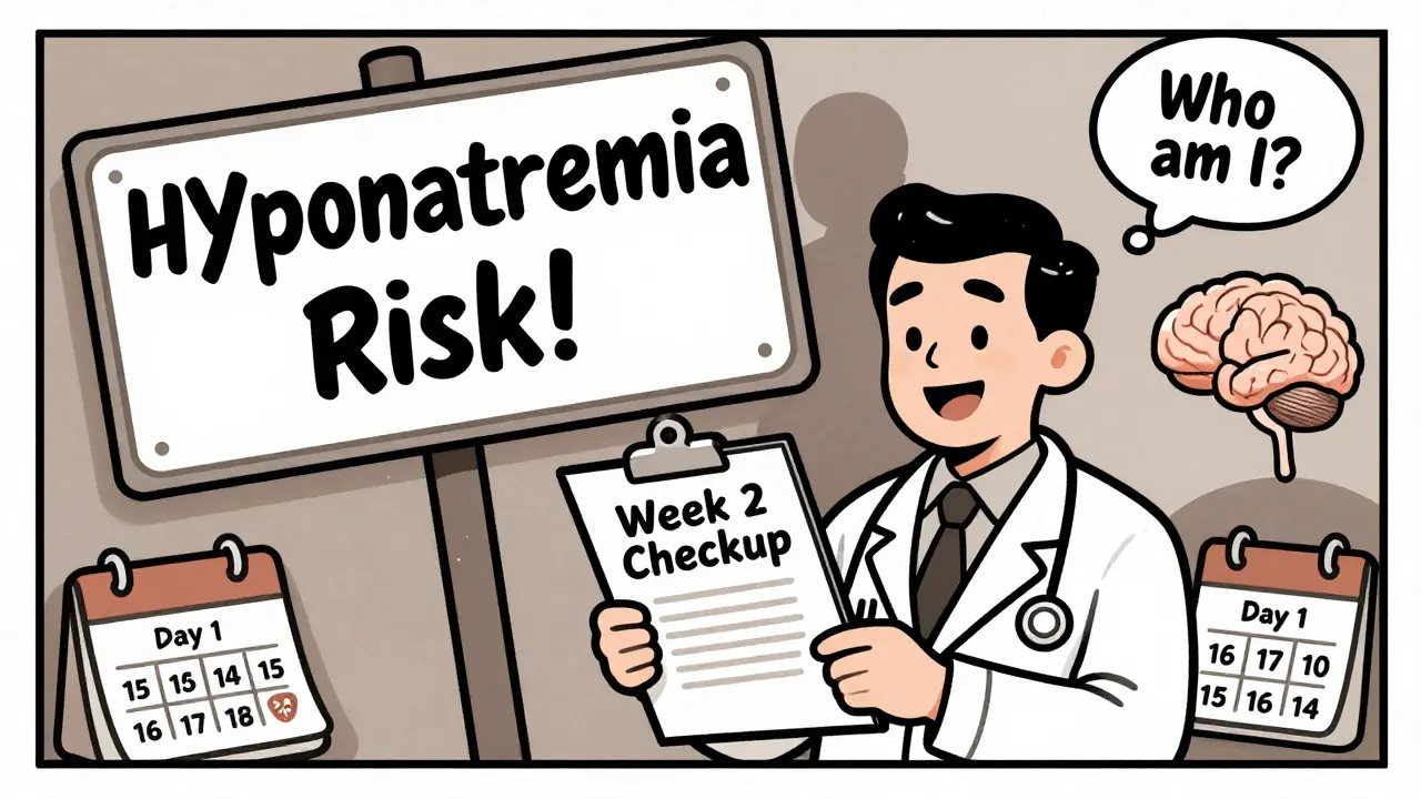 Doctor checking patient at two weeks while brain swells with hyponatremia risk in vintage cartoon