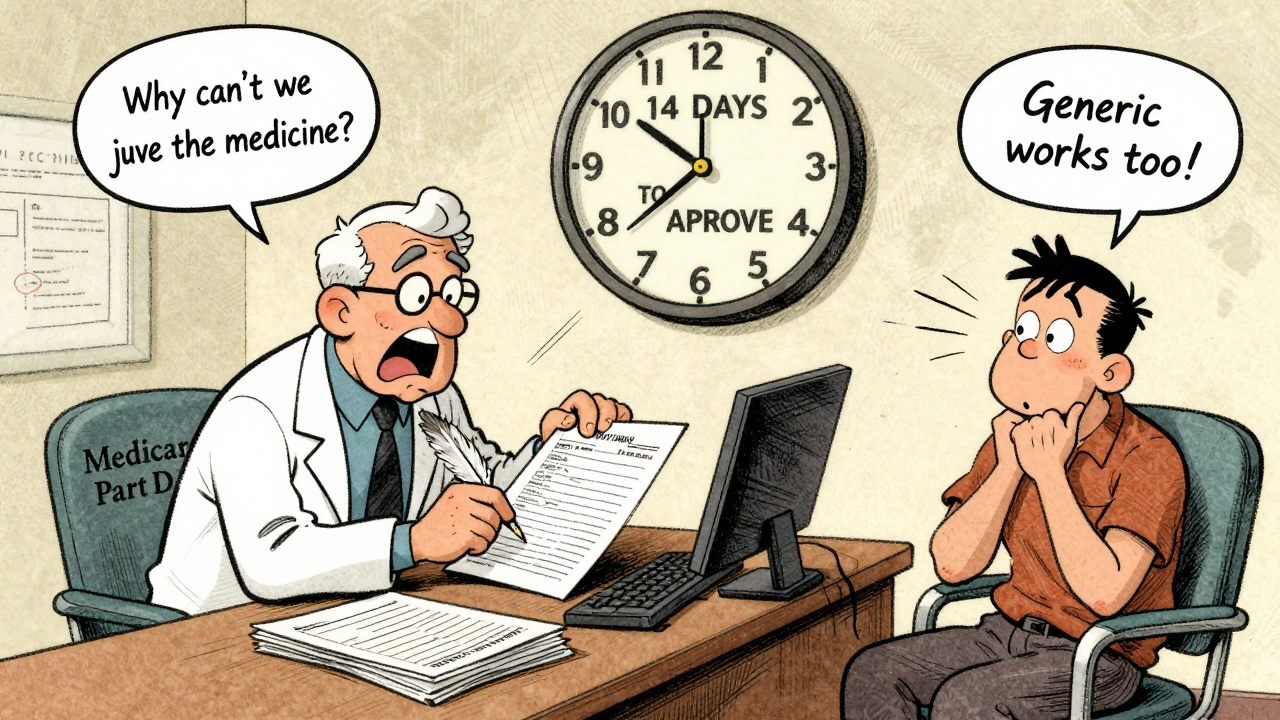 Doctor overwhelmed by paperwork in office while patient waits, giant clock shows 14 days to approve medication.