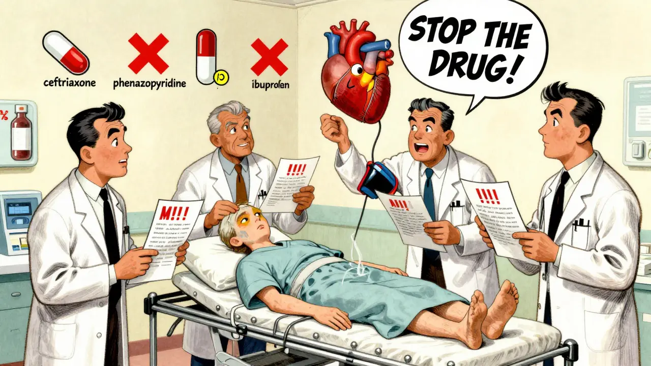 Emergency room scene with a jaundiced patient and doctors shouting to stop a dangerous medication.