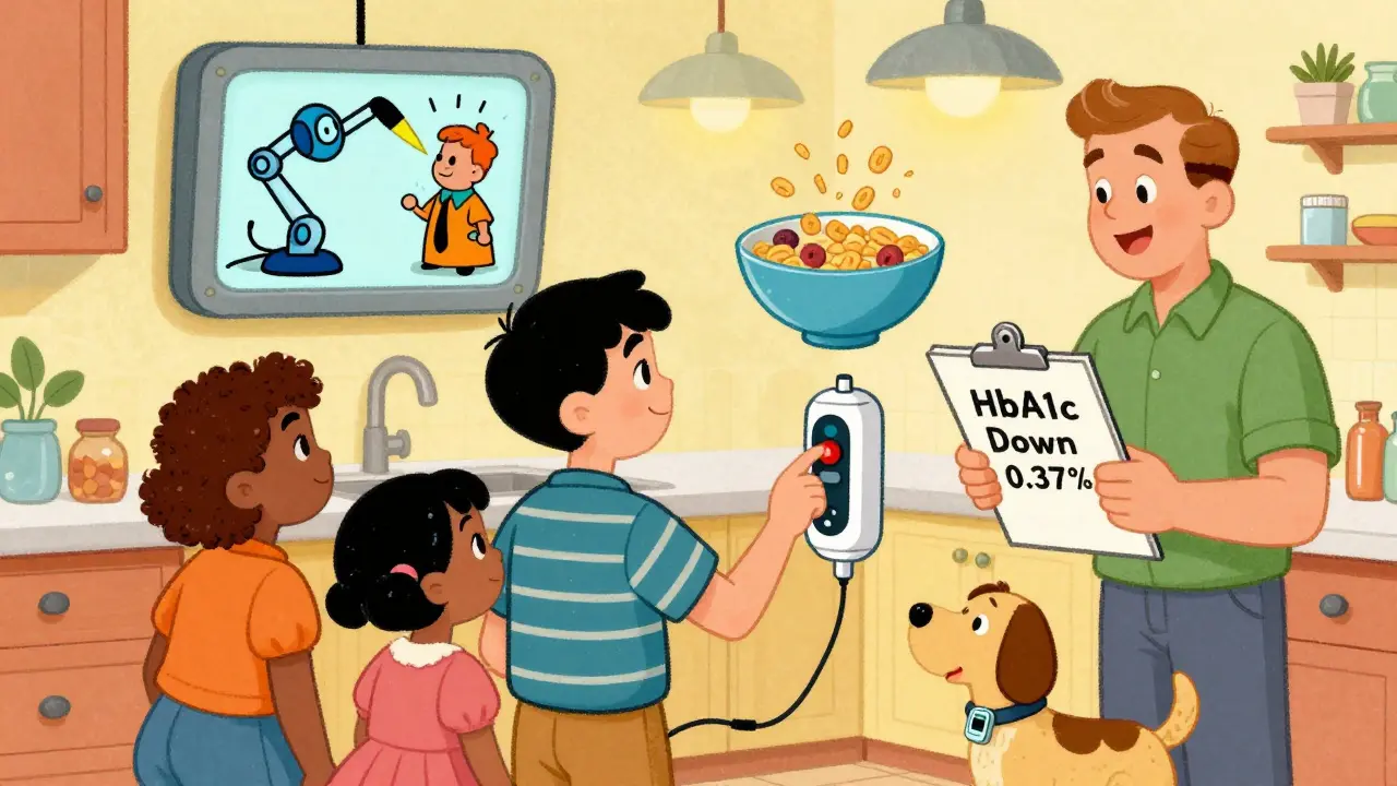 Family in kitchen watching teen use insulin pump, automated insulin robot arm, floating cereal, dog with glucose monitor.